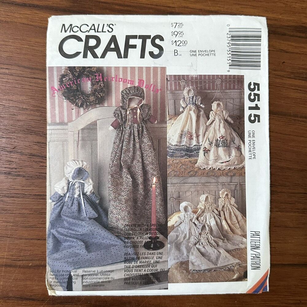 UNCUT McCalls 5515 American Heirloom Dolls 13" Soft Stuffed Eight Gowns